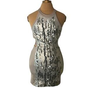 BEBE Silver Sequin Textured Halter Open Cutout Back Top Dress Cocktail FLAWS NYE